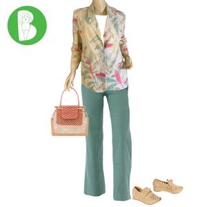 VINTAGE 1990'S ALFRED DUNNER PETITE LINEN BLEND LEAF PRINT MULTI-COLOR BLAZER 8P